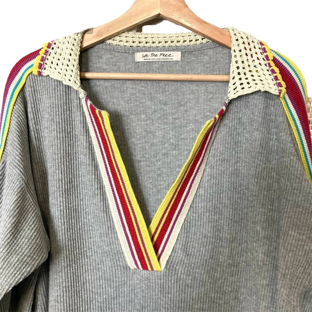 FP Feeling Magical Grey Ribbed Oversized Tunic Crochet Collar Racing Stripe - Picture 5 of 13